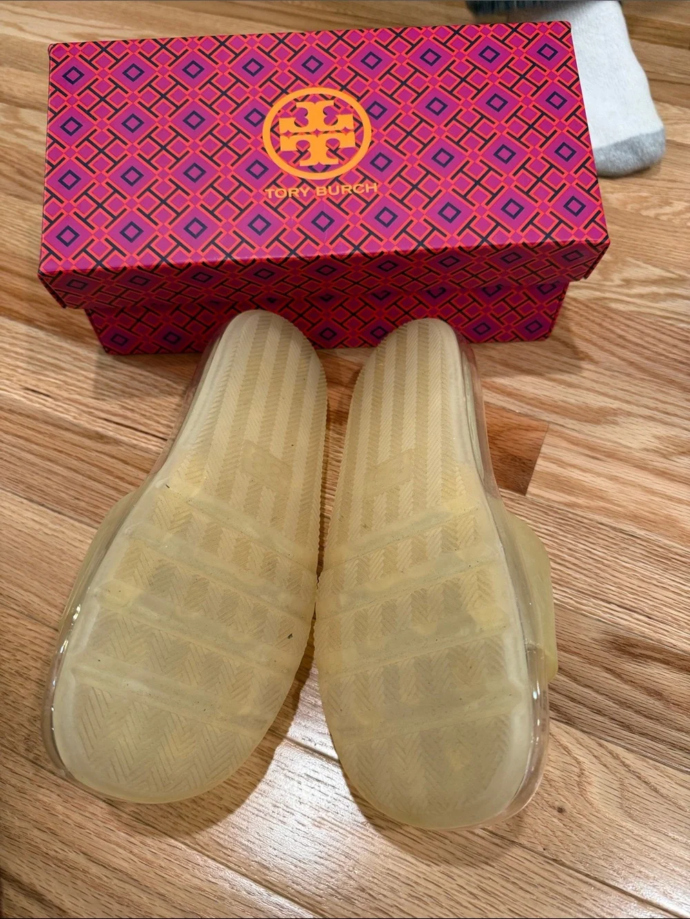Tory Burch Cream Translucent Slide Sandals with Embossed Logo